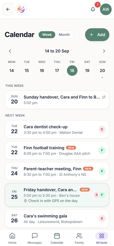 ParenThing week calendar with a Sunday handover, football training and a dentist appointment