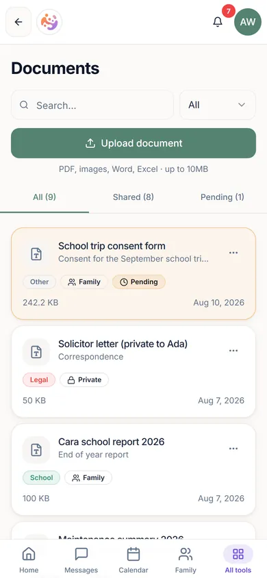 ParenThing documents screen with school, legal and family papers, shared or private
