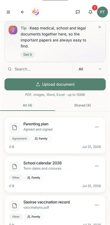 ParenThing documents screen with school, medical and legal papers