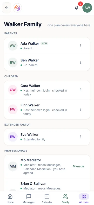 ParenThing family screen listing both parents, two children and a grandparent