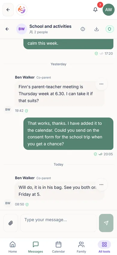 ParenThing messages between two parents, each one checked for tone before it sends
