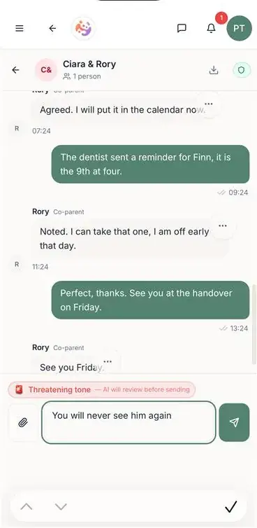 ParenThing messaging with the AI tone check suggesting a calmer wording