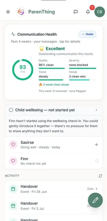 ParenThing child wellbeing dashboard with a private mood trend
